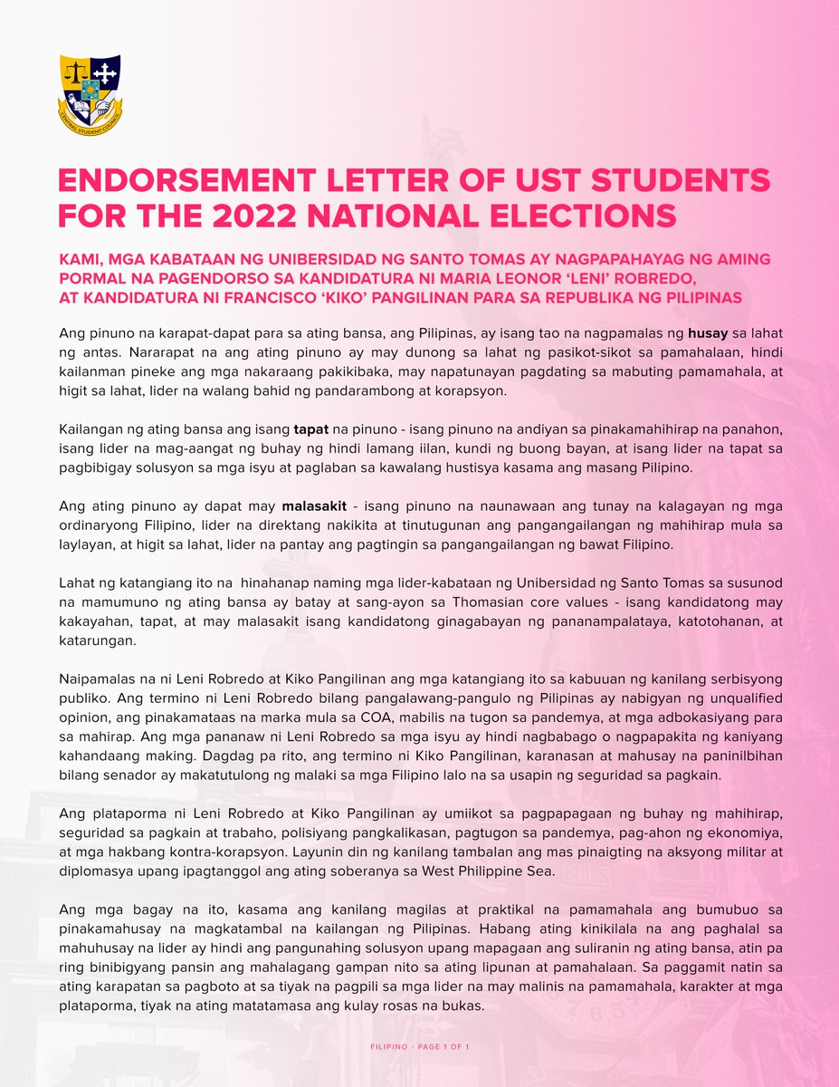 ust_csc's tweet photo. (SECOND UPDATE) 

MUST-READ: MORE THAN 14,000 THOMASIAN STUDENTS SIGNS ENDORSEMENT LETTER FOR LENI-KIKO TANDEM.

View the full singatories on UST CSC’s Facebook page at: https://t.co/b4Gu086Yye

#ThomasiansForLeni
#LeniForPresident2022
#CSCAmplifyTheCall
#CSCCatalystOfChange https://t.co/Hn1k1i6fnx
