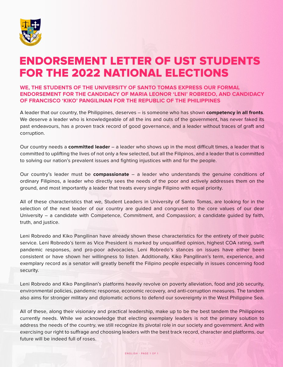 ust_csc's tweet photo. (SECOND UPDATE) 

MUST-READ: MORE THAN 14,000 THOMASIAN STUDENTS SIGNS ENDORSEMENT LETTER FOR LENI-KIKO TANDEM.

View the full singatories on UST CSC’s Facebook page at: https://t.co/b4Gu086Yye

#ThomasiansForLeni
#LeniForPresident2022
#CSCAmplifyTheCall
#CSCCatalystOfChange https://t.co/Hn1k1i6fnx