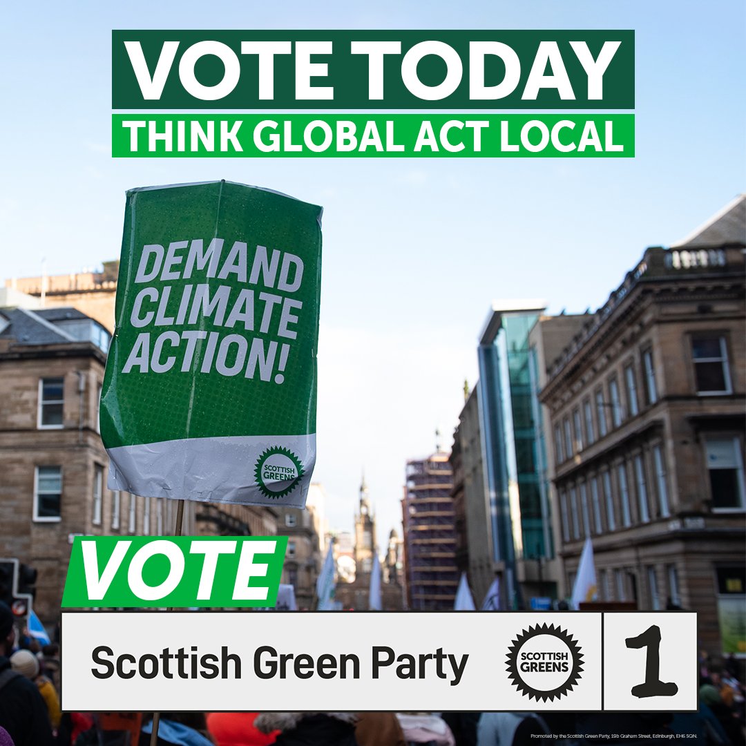 scottishgreens's tweet photo. 🗳️ Vote today!

If you believe in building a fairer, greener Scotland, then #ThinkGlobalActLocal and give your first preference vote to the Scottish Green Party.

👉 Only 1⃣  votes will elect Scottish Greens. https://t.co/MhgeaCx8Y6