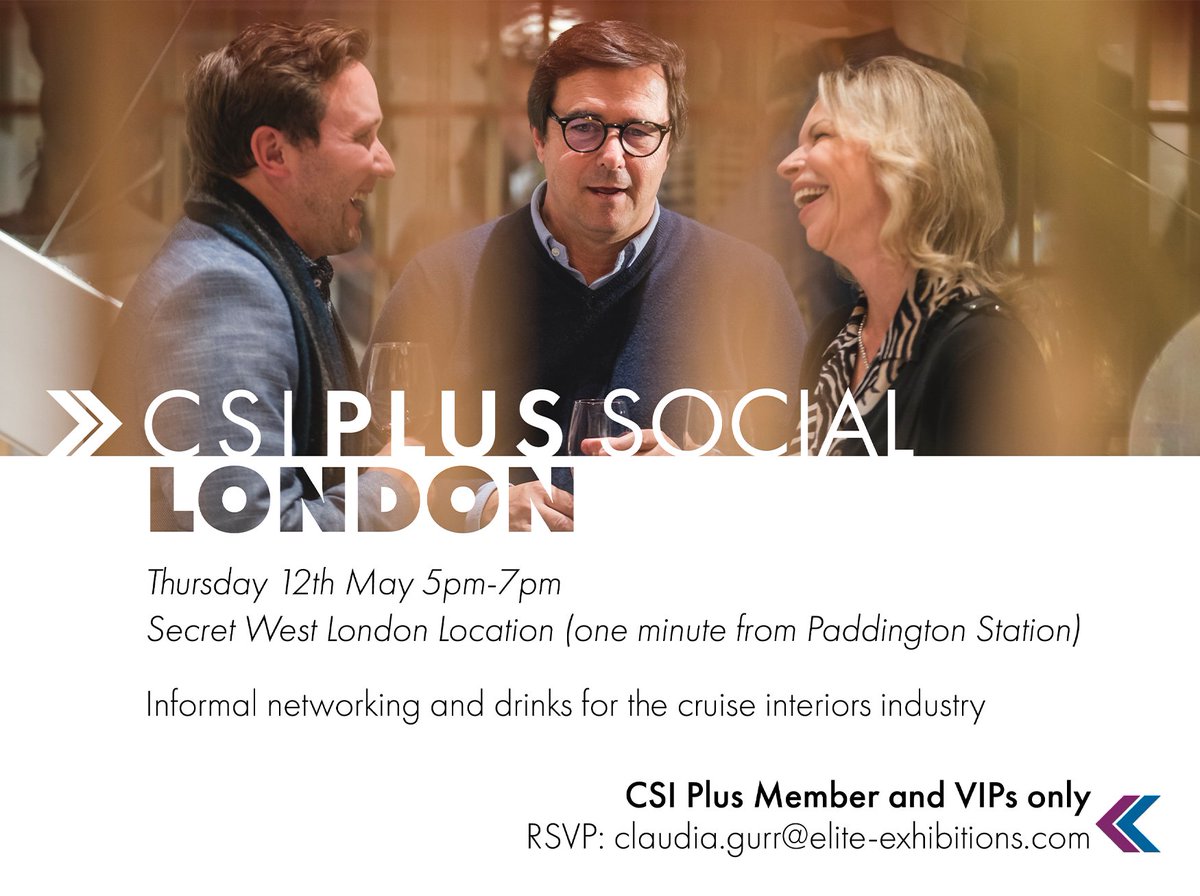 Cruise Ship Interiors Design Expo Americas (@csiexpo) on Twitter photo Next week we are hosting our next CSI Plus Social 🎉
If you want to attend, RSVP to Claudia at claudia.gurr@elite-exhibitions.com and we look forward to seeing you all next week 🥂
#CSIPlus | #cruiseinteriors | #cruiselines | #interiordesign | #networking Next week we are hosting our next CSI Plus Social 🎉
If you want to attend, RSVP to Claudia at claudia.gurr@elite-exhibitions.com and we look forward to seeing you all next week 🥂
#CSIPlus | #cruiseinteriors | #cruiselines | #interiordesign | #networking