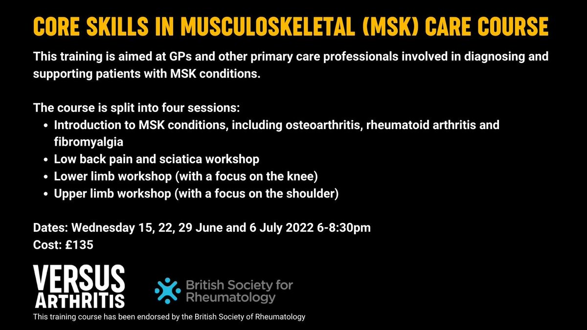 arthritisukorg's tweet photo. 📣Healthcare professionals! Do you want to improve your knowledge and confidence in diagnosing and supporting patients with musculoskeletal (MSK) conditions? Book your place on our next Core Skills in MSK Care digital course. Find out more and book today: https://t.co/5a3HA2qLyM https://t.co/7u7mF31mwA