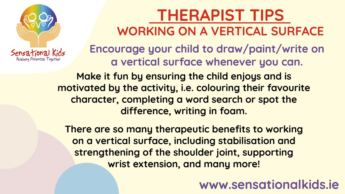 SenKidsIreland's tweet photo. Did you know that working on a vertical surface has many therapeutic benefits for your child?  Read more in the Therapy Tips section of our website  at https://t.co/Svqan0ya1W

#TherapyTips #OTTips #PaediatricOT #SensationalTips https://t.co/6L6aojrQuR