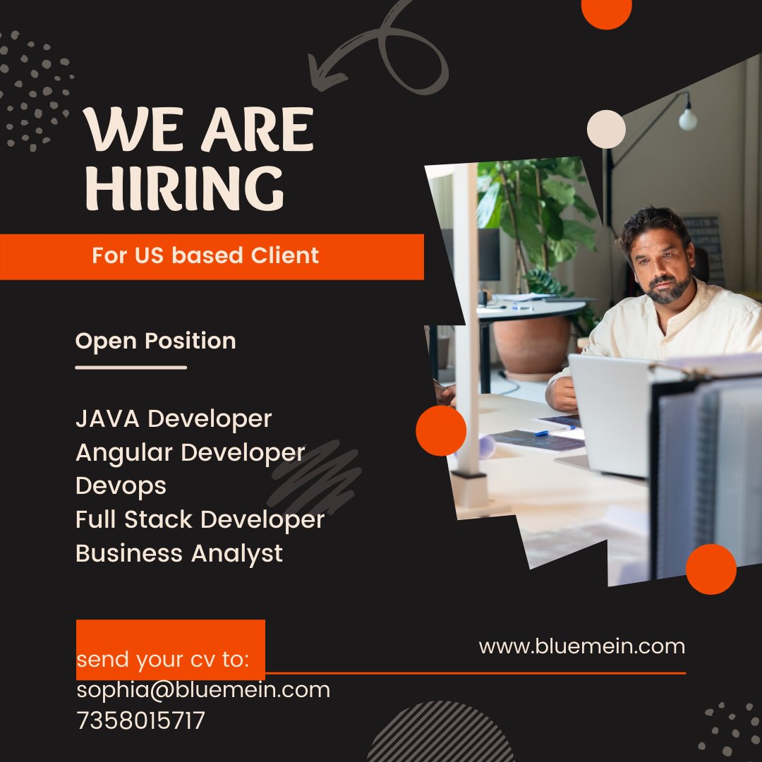 BluemeinT's tweet photo. Hi Connections!!!
Hiring for our Client !!
#hiring #connections #positions #java #angular #Deveops #BA #FullStackDeveloper https://t.co/fXQQew490p