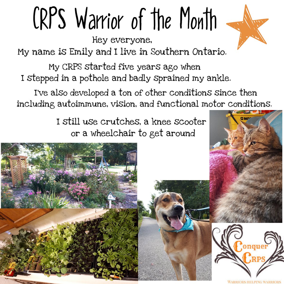 ConquerCrps's tweet photo. "We have to find the good in our lives, otherwise the bad stuff gets overwhelming."  -Emily 
To learn more about Emily &amp; how YOU could be our next Warrior of the Month go to:
https://t.co/SyGdSZHySI
#CRPS #RSD #Chronicpain #Spoonie #strongertogether #onestepatatime https://t.co/7rOI7Y7HYG