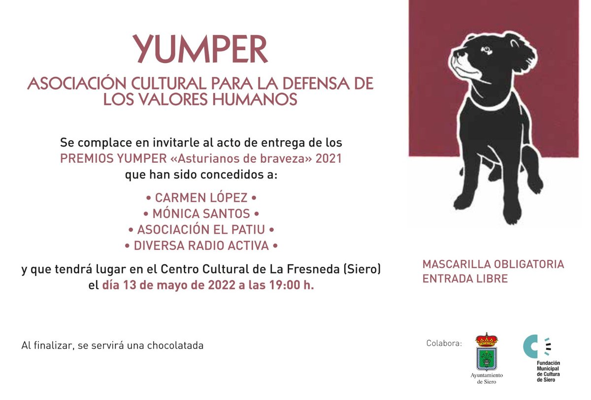 YumperAsoc's tweet photo. El próximo viernes 13 de mayo, a las 19h, haremos entrega en el Centro Cultural de La Fresneda de los Premios Yumper 2021 @ElPatiu @ActivaDiversa @asc_BigSmiles @SurfCarmen son Asturianos de Braveza https://t.co/nR3gvVxHz5