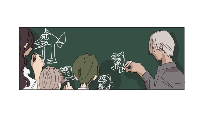 「わかとるか」の撮影中、鯛さんオリジナルキャラクター、「うたいタイくん」の描き方を教わる3人 