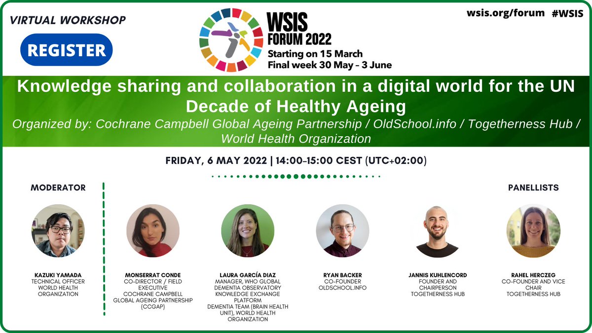 UN Decade of Healthy Ageing (2021-2030) (@undecadeageing) on Twitter photo 💬 WORKSHOP: Knowledge sharing & collaboration in a digital world for the <a href="/UNDecadeAgeing/">UN Decade of Healthy Ageing (2021-2030)</a>
🗓 6 May 2022, 14:00 - 15:00 CEST
✍️ REGISTER: decadeofhealthyageing.org/find-knowledge… 💬 WORKSHOP: Knowledge sharing & collaboration in a digital world for the <a href="/UNDecadeAgeing/">UN Decade of Healthy Ageing (2021-2030)</a>
🗓 6 May 2022, 14:00 - 15:00 CEST
✍️ REGISTER: decadeofhealthyageing.org/find-knowledge…