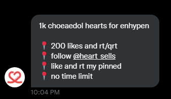 enchantedlib's tweet photo. CHOEAEDOL FOR #ENHYPEN 

- 200 likes and rt (qrts are counted)
- follow @heart_sells 
- like and rt their pinned !

- NO TIME LIMIT ! LET'S FINISH THIS FAST !! -

#ENFuelUp #ENHYPEN https://t.co/2qzSNc5GRd