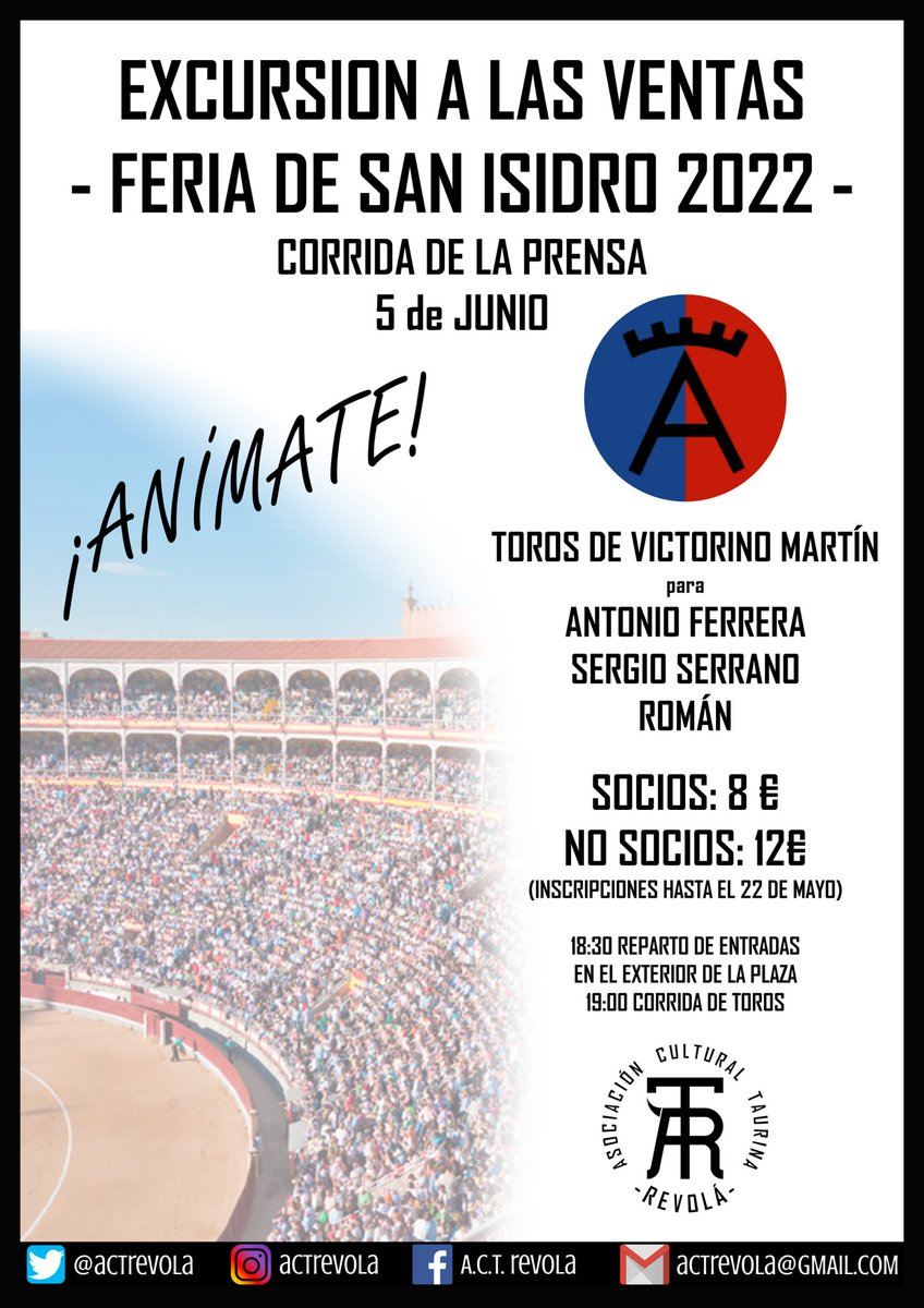 Os dejamos la primera actividad para este año 2022. Acudiremos a la plaza de toros de Las Ventas el día 5 de Junio para presenciar la corrida de la prensa con un cartel compuesto por los toros de Victorino Martín y los toreros Antonio Ferrera, Sergio Serrano y Román.

¡APUNTATE!