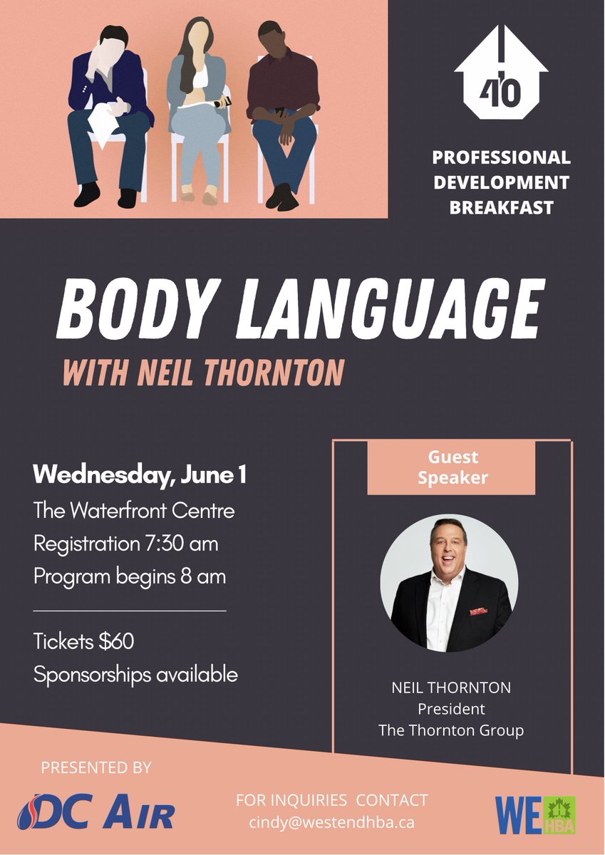 West End HBA (@westendhba) on Twitter photo Looking forward to our next U40 Professional Development Breakfast with <a href="/neilathornton/">Neil Thornton</a> ! Discussion Topic: BODY LANGUAGE 🗣👁👄 big thanks to our event sponsor DCAir! Click here to register: bit.ly/3MUi6iY #HamOnt #BurlON Looking forward to our next U40 Professional Development Breakfast with <a href="/neilathornton/">Neil Thornton</a> ! Discussion Topic: BODY LANGUAGE 🗣👁👄 big thanks to our event sponsor DCAir! Click here to register: bit.ly/3MUi6iY #HamOnt #BurlON