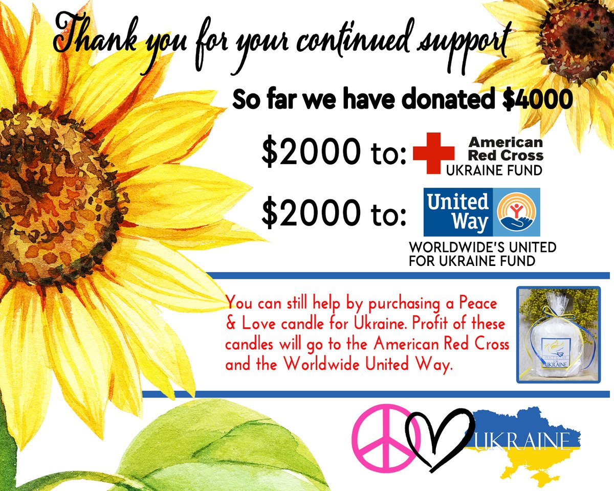 🌻🇺🇦We are so grateful for the ongoing support for Ukraine. We have currently donated $2000 to the American Red Cross, Ukraine Fund and $2000 to the Worldwide United Way, Ukraine fund. We still have Ukraine candles available online at warmglow.com and in our store.🌻🇺🇦