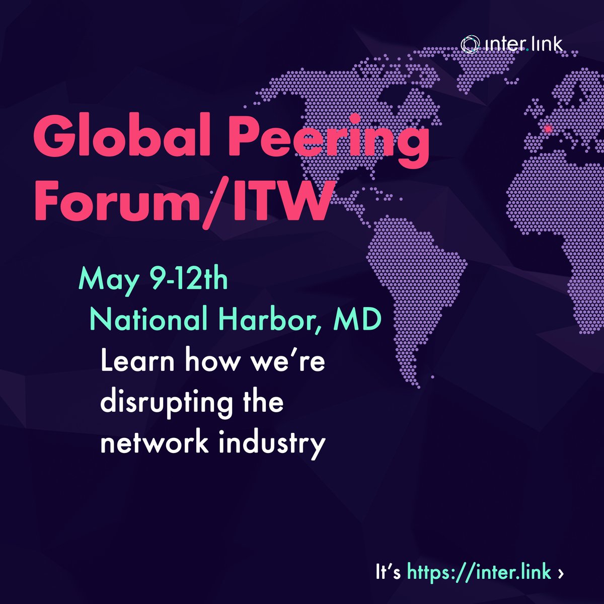 interdotlink's tweet photo. It's almost time for the Global Peering Forum and International Telecoms Week. We are looking forward to seeing everyone and sharing the https://t.co/0CDGQONuf2 story. 👋#ITW2022 #GPF #peering #network #usemorebandwidth https://t.co/wNNkilizFE