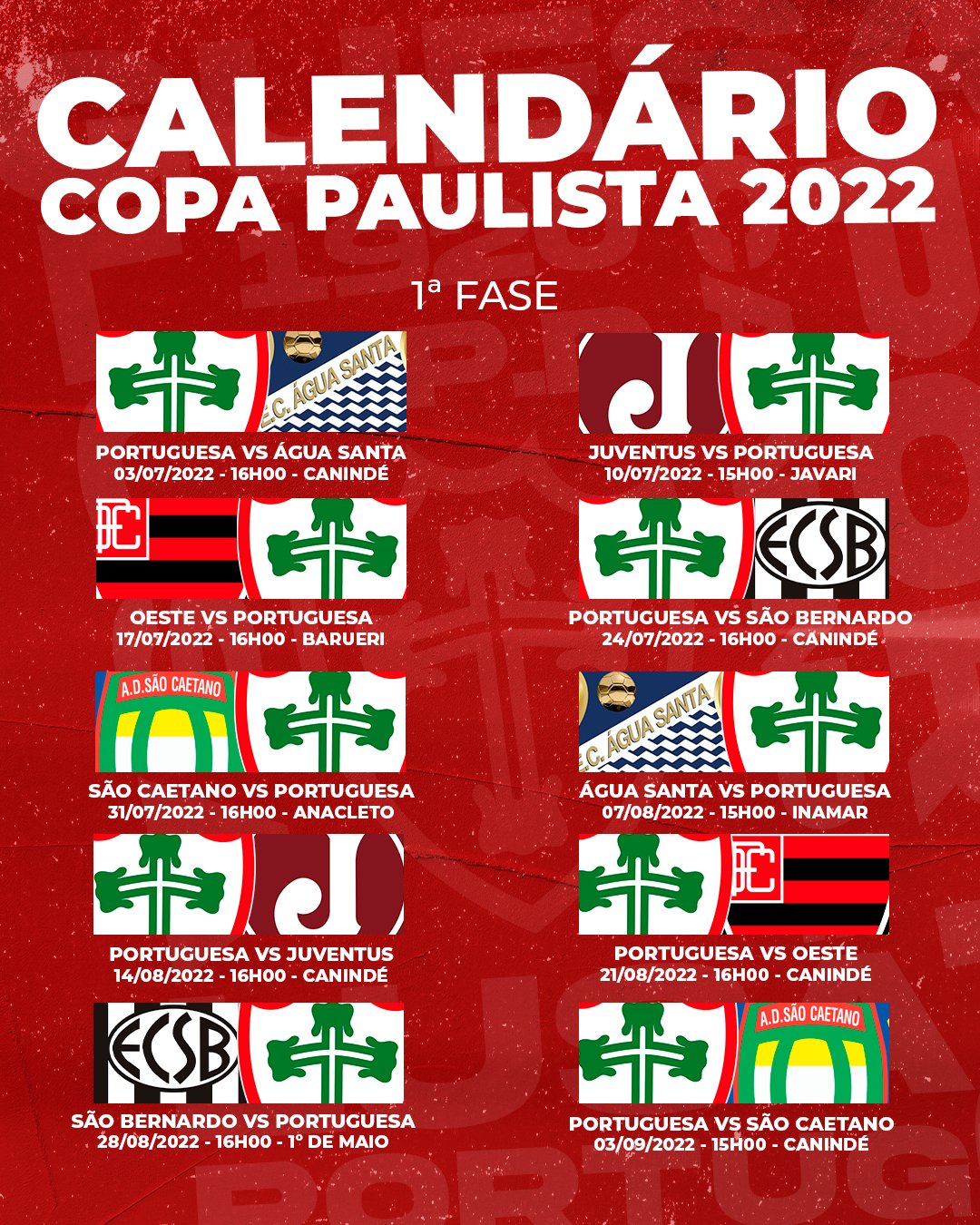 Portuguesa ❤️💚 on X: MARCA NA AGENDA❤️💚 Saíram os dias e horários dos  confrontos da Lusa na primeira fase da Copa Paulista 2022! Já anota na  agenda e avisa a galera 😍 #