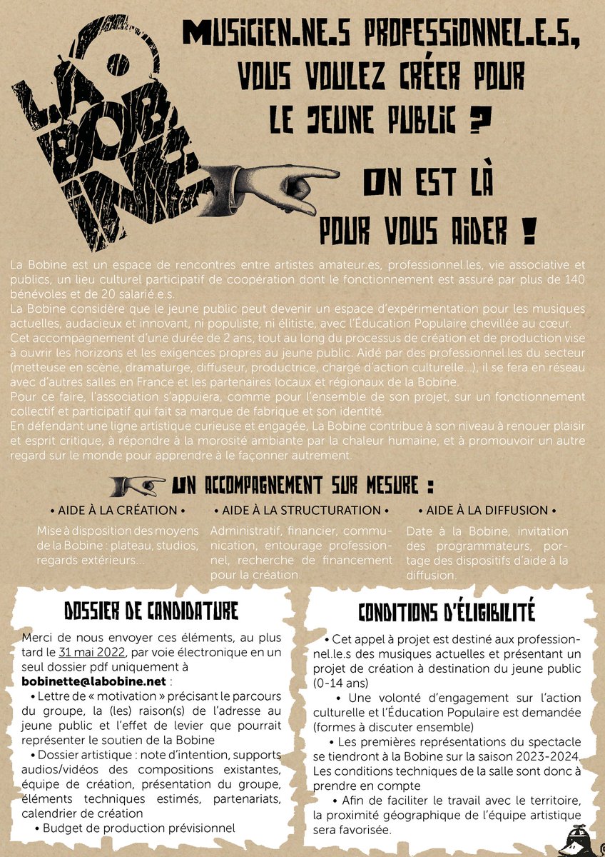 La Bobine @projetbob relance son dispositif d'accompagnement à destination de musicien·ne·s souhaitant créer pour le jeune public !
📆 Dossier à envoyer au plus tard le 31 mai
👇🏻Plus d'informations