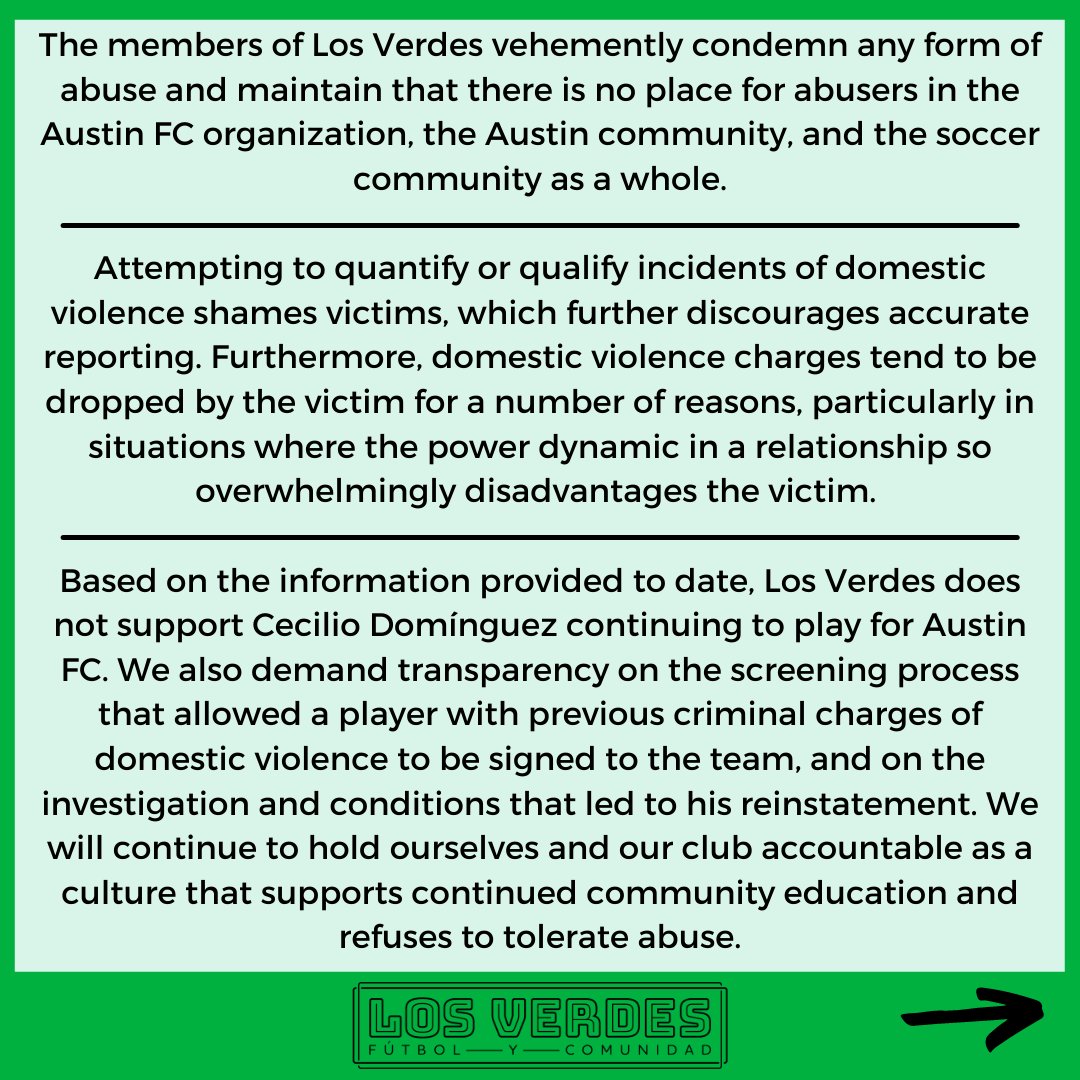 LosVerdesATX's tweet photo. There is no place for abusers in the #AustinFC organization, the Austin community, and the soccer community as a whole. 

No hay lugar para los abusadores en la organización de Austin FC, en la comunidad de Austin, y la comunidad futbolística en general. 

https://t.co/lTZGShN1iz https://t.co/Wo5B4AVvf1