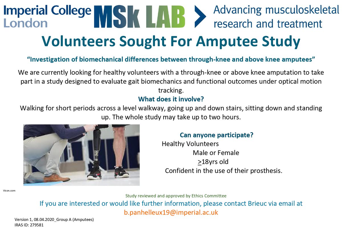 We're looking for volunteers with a through-knee or above knee amputation to take part in a study designed to evaluate gait biomechanics and functional outcomes of people with lower limb amputation. Recruitment closes at the end of June, pls contact b.panhelleux19@imperial.ac.uk