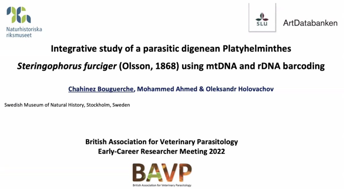 Session One: Diagnostics  ✅

Thank you so much to all the speakers for their great talks! <a href="/AmberDorey1/">Amber Dorey</a>, Zouhour El Mouna Ayadi, Fatima Zohra Zedam, <a href="/ChahiBouguerche/">Chahinez Bouguerche</a> 

🐑🪱🐟🐠

#BAVPECR22