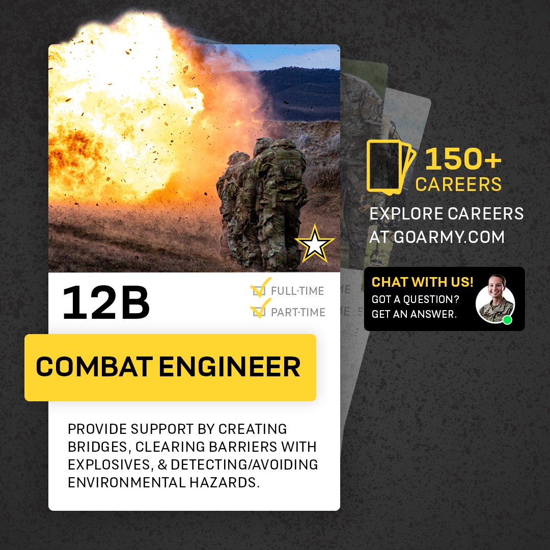 #DYK the <a href="/USArmy/">U.S. Army</a> offers careers as engineers? 12B - #CombatEngineer receives advanced training and has access to 45 NATIONALLY recognized certifications. You could earn a $10K #ArmyBonus for going to training w/in 30 days. Visit go.usa.gov/xupaN and #ServeWithUs