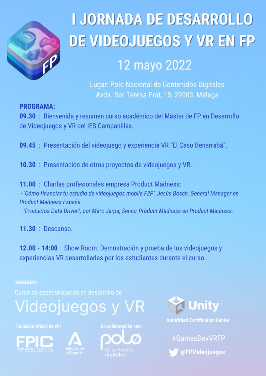 ¡Habemus nuevo evento con los alumnos de <a href="/FPvideojuegos/">Máster FP Videojuegos y VR Polo Digital</a>!

Conoceremos sus trabajos finales, los probaremos y, además, hablaremos con la industria de la mano de @jbosch01101 de <a href="/ProductMadness/">Product Madness</a>.

🗓️ 12 de mayo
⏰ 9.30 a 14 h
📍 Polo

¡Inscríbete!
acortar.link/xtSE6M