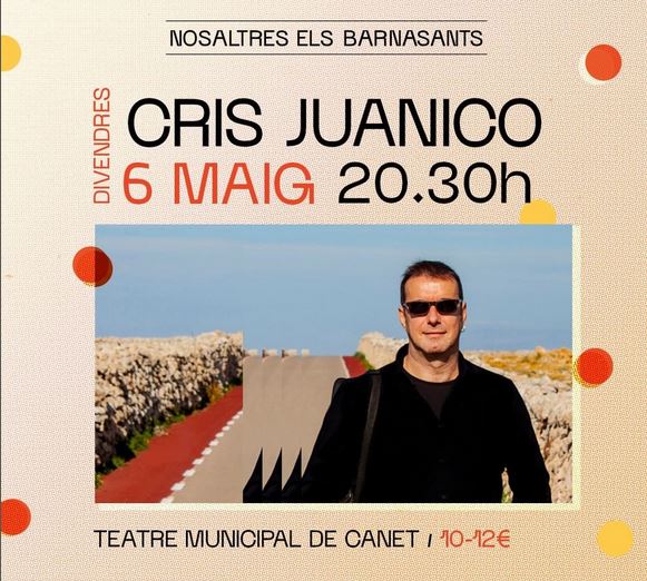 Teatre Municipal de Canet de Mar (@tmcanet) on Twitter photo 🎤 El Festival Barnasants torna a #CanetDeMar
🗣️ El menorquí <a href="/crisjuanico/">Cris Juanico. CANÇONS DE XERXA. Llibre-cd.</a> repassa les millors cançons de la seva trajectòria, inspirades en la sal de la mar Mediterrània i la pols de les terres illenques.
🗓 6 de maig
➡️ 20.30 h.
🎟 Entrades: bit.ly/3kNvHw8 🎤 El Festival Barnasants torna a #CanetDeMar
🗣️ El menorquí <a href="/crisjuanico/">Cris Juanico. CANÇONS DE XERXA. Llibre-cd.</a> repassa les millors cançons de la seva trajectòria, inspirades en la sal de la mar Mediterrània i la pols de les terres illenques.
🗓 6 de maig
➡️ 20.30 h.
🎟 Entrades: bit.ly/3kNvHw8