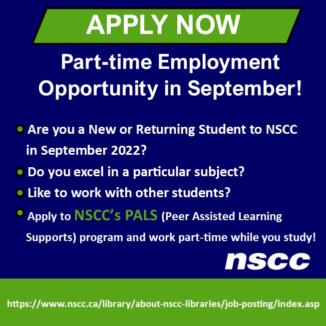Attending NSCC this September or are returning? Like working with other students? Join our PALS team this Fall! For more information visit
nscc.ca/library/about-…
