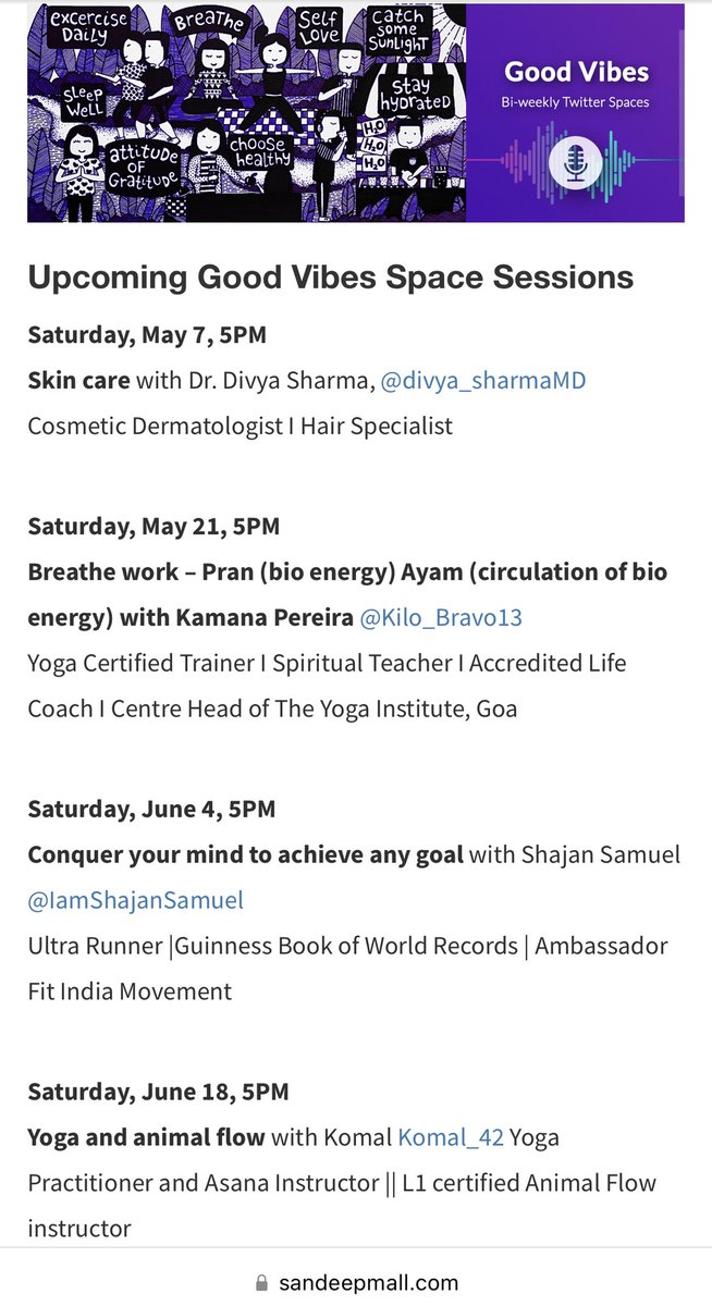 SandeepMall's tweet image. The next four Good Vibe space with @divya_sharmaMD , @Kilo_Bravo13 @IamShajanSamuel and @komal_42 . Save the dates. The recording and transcript of the first two are up there on SandeepMall.com #GoodVibesWithSandeep