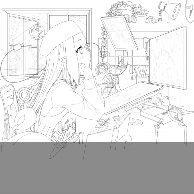 ちまちま描いてるのやっと線画まで終わったー 