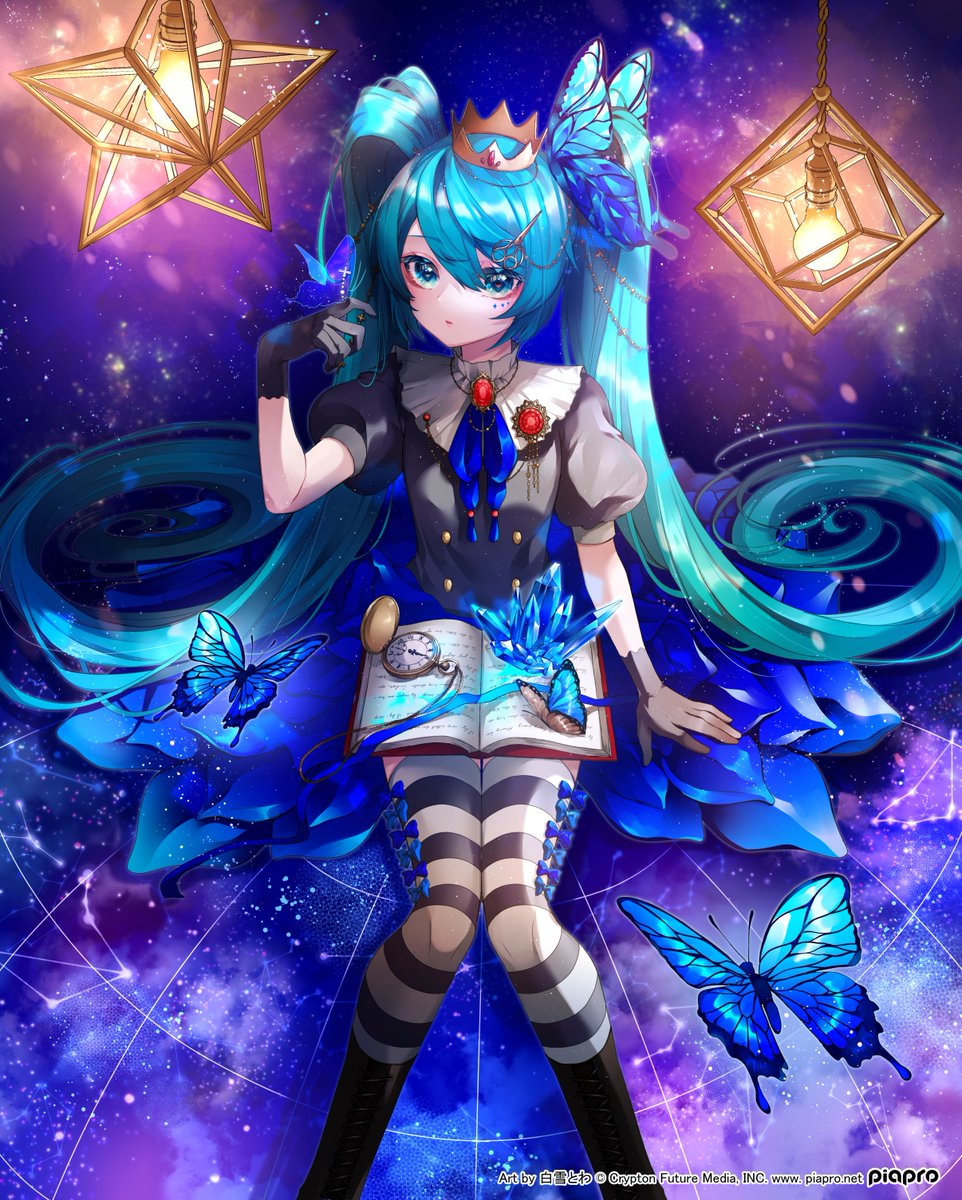 hatsune miku 1girl solo crown hair ornament twintails long hair blue hair  illustration images