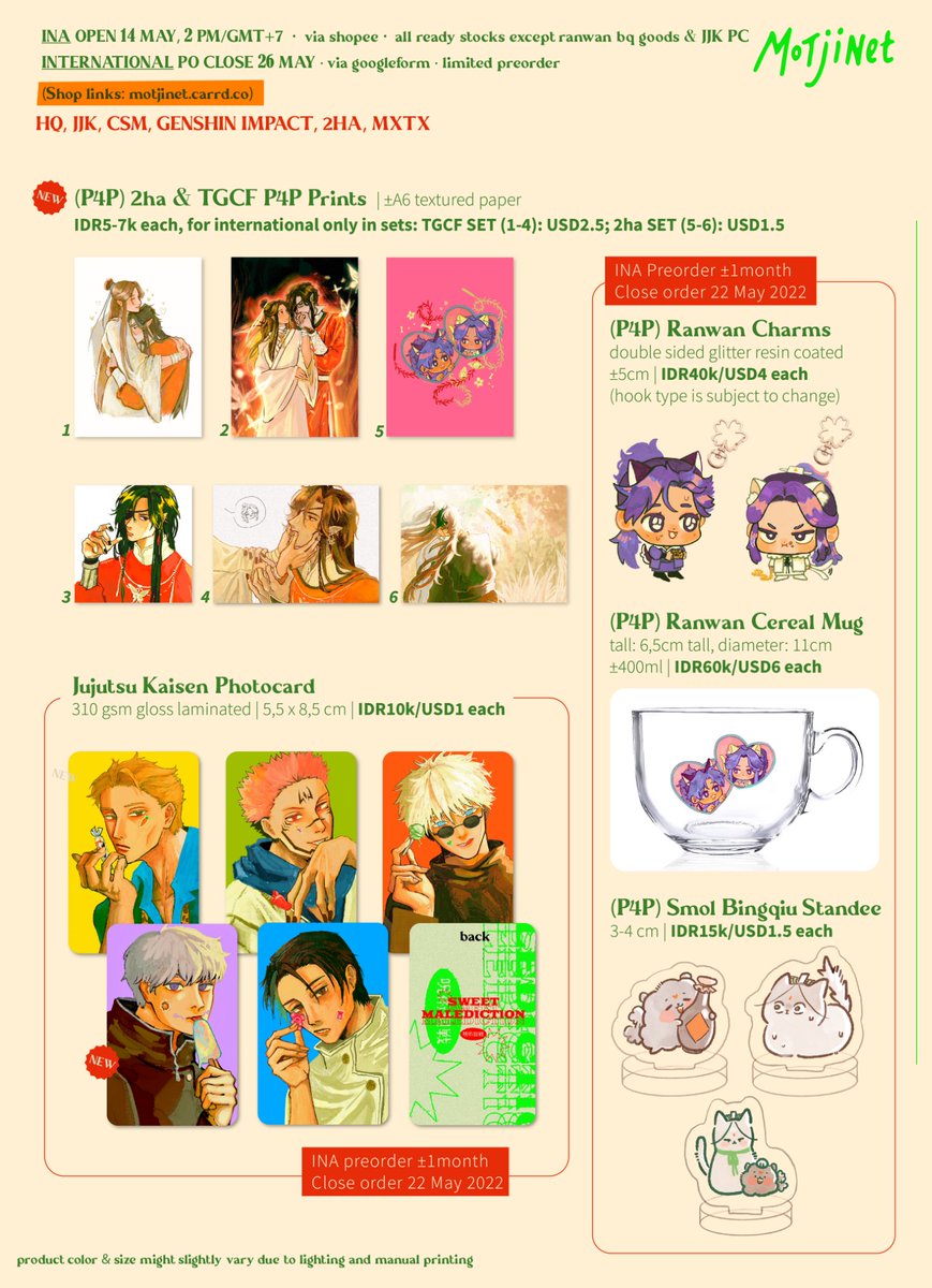 motjinet's tweet photo. Hello! Will restock my shop soon, here's the catalog💫
Added p4p danmei goods ( 2ha / svsss / tgcf )
◦INA🇮🇩 open 14 May 2PM GMT+7
◦international🌐 close PO on 26 May
*Accepting group orders, please dm first! 

more info+links on thread ⤵️ https://t.co/X67KPh0tWV
