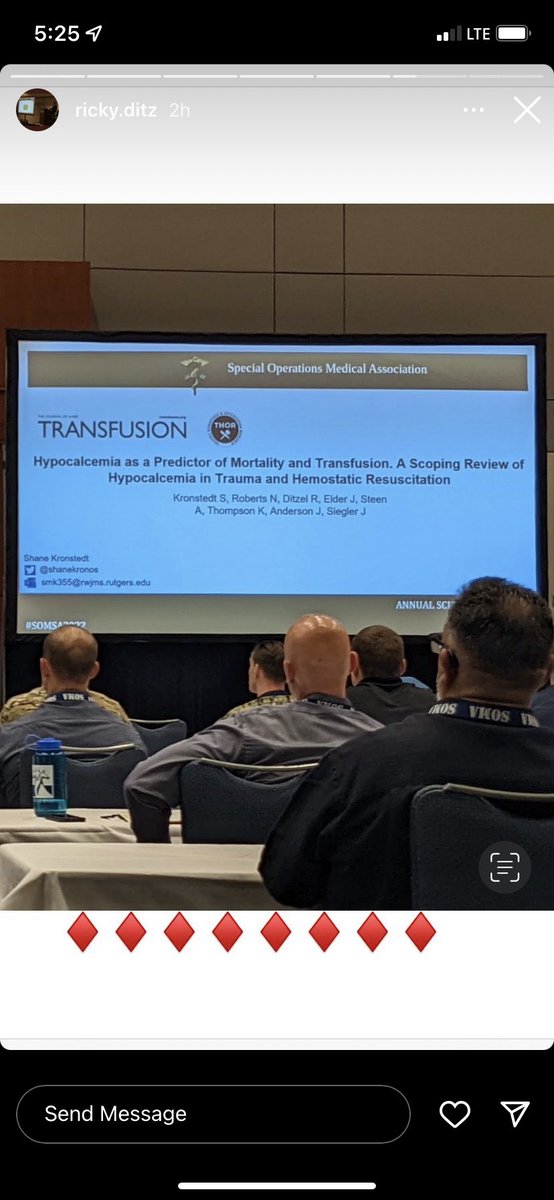 shanekronos's tweet photo. I enjoyed giving this talk about the importance of early calcium administration in trauma patients at @SpecOpsMedics.
We found that trauma patients were hypocalcemic without citrated blood product administration and were associated with higher mortality and transfusion needs. https://t.co/MrYfm4xukm