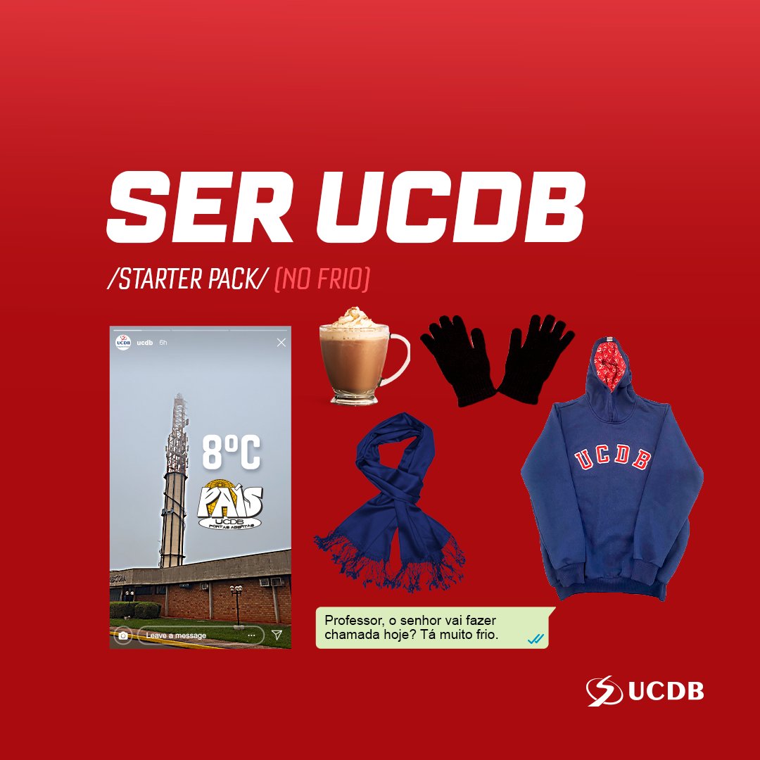 UCDBoficial's tweet photo. Quem aí já encarou o frio do nosso País UCDB? 🥶

Já deixamos a dica do kit necessário para esses dias (menos a parte da chamada, hein!) 👀

#ucdb #frio #paisucdb #starterpack #clima https://t.co/NjZbQtDw5v