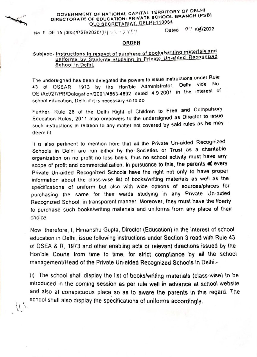 msisodia's tweet image. दिल्ली के प्राइवेट स्कूल अब पेरेंट्स को अपनी ही दुकान से किताबे व यूनिफॉर्म खरीदने के लिए बाध्य नही कर सकेंगे।

हर स्कूल को आसपास की कम से कम 5 दुकानों की सूची जारी करनी होगी जहा से किताबे व ड्रेस खरीदी जा सकेंगी।

इस आदेश की अवहेलना करने वाले स्कूलों के खिलाफ  कार्रवाई की जाएगी।