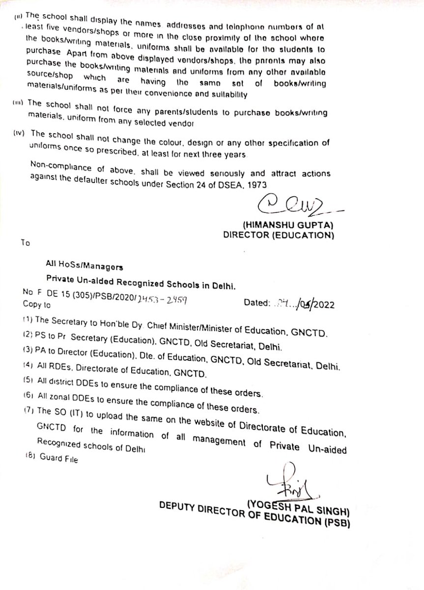 msisodia's tweet image. दिल्ली के प्राइवेट स्कूल अब पेरेंट्स को अपनी ही दुकान से किताबे व यूनिफॉर्म खरीदने के लिए बाध्य नही कर सकेंगे।

हर स्कूल को आसपास की कम से कम 5 दुकानों की सूची जारी करनी होगी जहा से किताबे व ड्रेस खरीदी जा सकेंगी।

इस आदेश की अवहेलना करने वाले स्कूलों के खिलाफ  कार्रवाई की जाएगी।