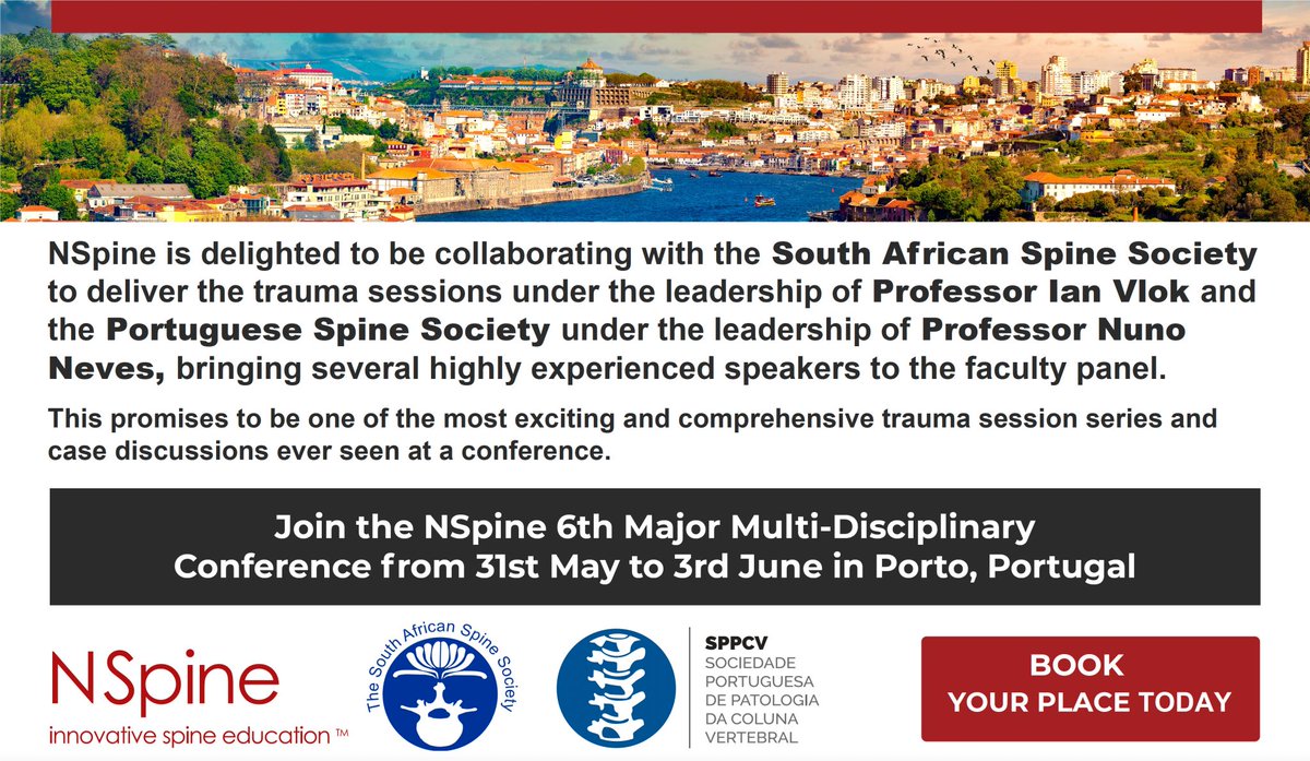NSpine is delighted to bring together the expertise of the Portuguese Spine Society and the South African Spine Society in delivering the outstanding daily spine trauma sessions. Accredited with 24 CMEs this event is not to be missed.

buff.ly/3D4CUjV
