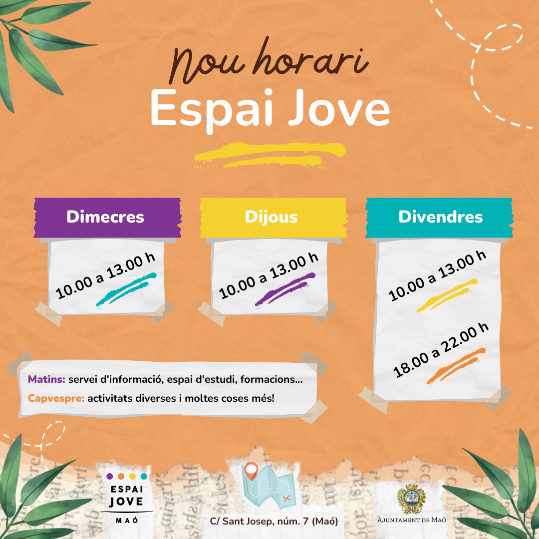 🫣 Tens curiositat per saber què és l'Espai Jove?
💜🟠🟡🔵Vols saber què és farà?
🪴🎱🏓🎲♟️🎯🧩
Doncs vine! Obrim demà ‼️❤️
🗓️ NOU HORARI 🗓️

👉Matins: servei d'informació, espai d'estudi, formacions...
👉Capvespre: activitats diverses i moltes coses més!
T'esperem!