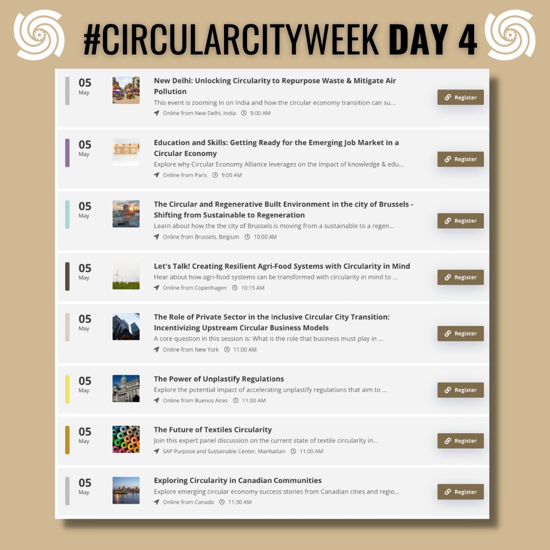 CircularWeek's tweet photo. 🎉 DAY 4 of #CircularCityWeek🎉
It’s what you’ve been waiting for! The official list of today’s fascinating events. Let’s keep the good times rolling! 🥳
Last chance to register:
https://t.co/fjEVlTxNWM https://t.co/GngQiPQ1Qj