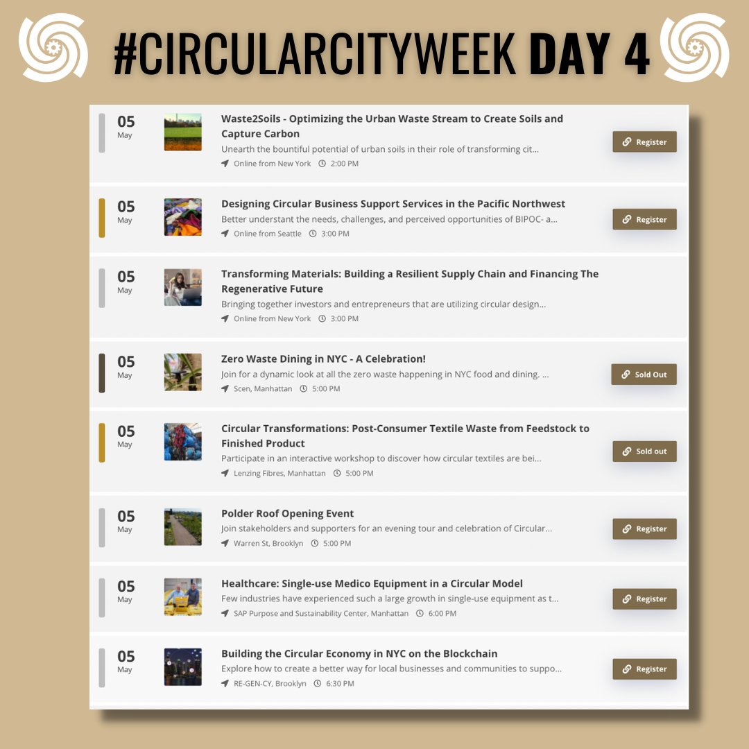 CircularWeek's tweet photo. 🎉 DAY 4 of #CircularCityWeek🎉
It’s what you’ve been waiting for! The official list of today’s fascinating events. Let’s keep the good times rolling! 🥳
Last chance to register:
https://t.co/fjEVlTxNWM https://t.co/GngQiPQ1Qj