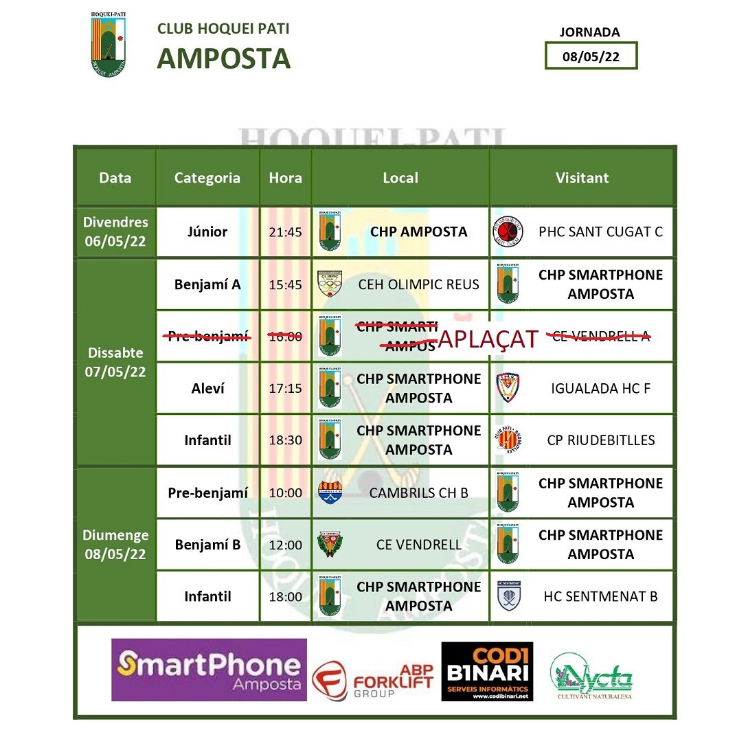 HoqueiAmposta's tweet photo. Enfrontem la part final dels diferents campionats d'#hoquei 🏑
 📅 Dies 6,7 i 8 de maig #hoqueibase #hockeybase 
#ChpAmposta 🟢⚫
#ChpSmartphoneAmposta 
#Nycta @ABPFORKLIFTGROU 
#CodiBinari https://t.co/MRf1ds1skN