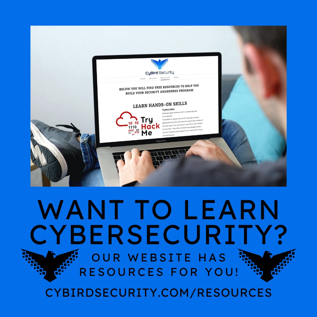 cybird_security's tweet photo. Trying to FLY Into the Cybersecurity field?
We're building out resources to help you learn and prepare to succeed and find your dream career!
Check out https://t.co/Dm9hhKKF9m for more information!
#training #cybersecurity #infosec #cyber #careercoaching #mentoring https://t.co/v7JVcPFJx6