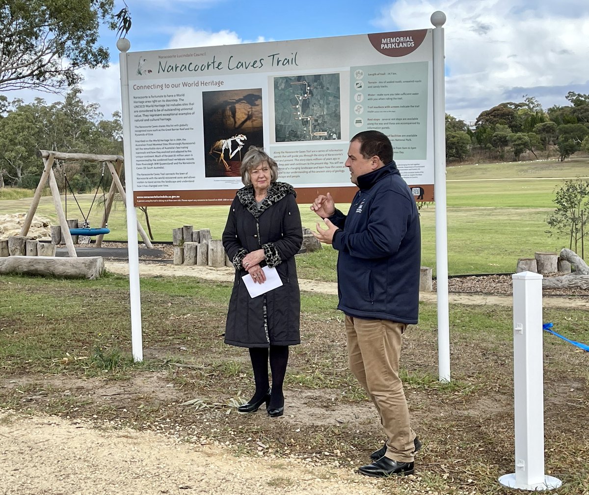 LizReed_palaeo's tweet photo. Attended the launch of the #Naracoorte Caves Trail today. Opened by Federal Member for Barker Tony Pasin, and Mayor Erika Vickery. I put together the interpretive signs for the trail as part of our ARC Linkage collaboration with @NLucindale, @SAEnvirWater @UofA_SET, #Wrattonbully https://t.co/zb8GmE4dyJ