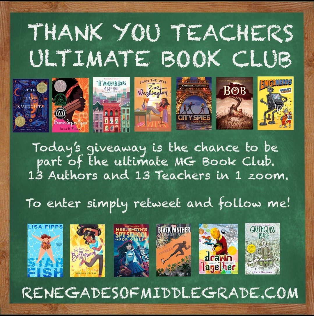 Dear Teachers, how'd you like to talk with some of your favorite middle grade authors? Some of my friends and I are hosting a zoom book club and would like 13 of you to join us. To enter for a chance to win, retweet and follow me. (Author lineup subject to change) @RenegadesofMG