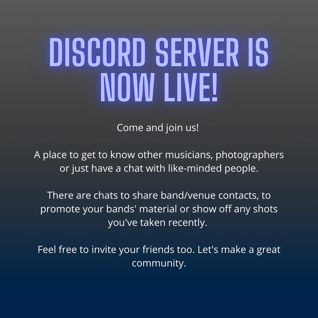 My Discord server is finally live! Come and say hi! 

#discord #music #gigphotography #bandpromotion #livemusic #discordserver #discordcommunity #photography

discord.gg/HwwZjHqfmG