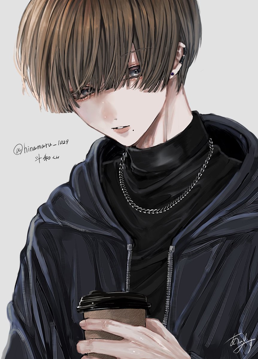 1boy male focus solo jewelry ear piercing hood cup  illustration images