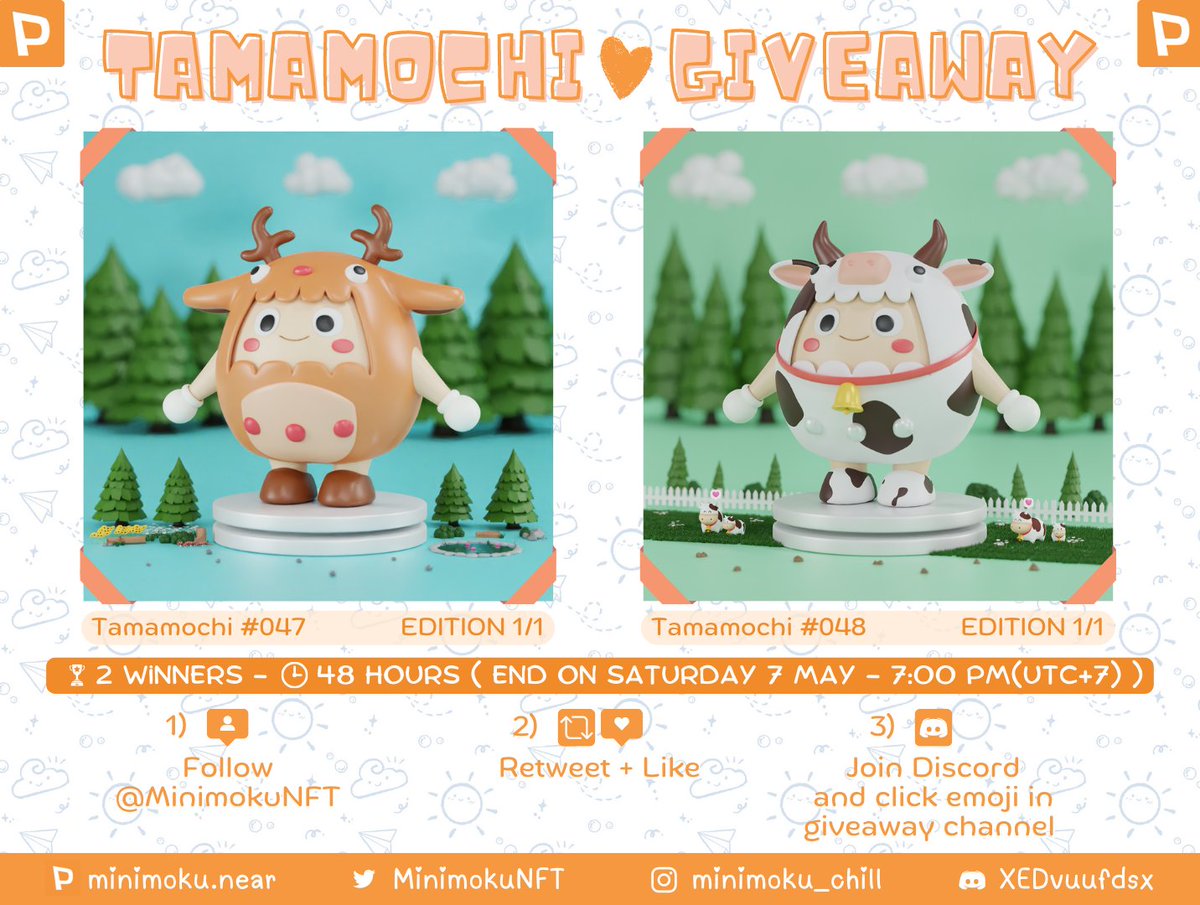 🎉🎁GIVEAWAY🎁🎉
Tamamochi #047 , #048 
@ParasHQ
 
🏆 2 Winner - ⏰48 HOURS (End on  7May - 7:00PM (UTC+7))

To Enter:
1️⃣ Follow @MinimokuNFT
2️⃣ Retweet + Like
3️⃣ Join Discord : discord.com/invite/XEDvuuf…

#PARASnft #paras #nearNFTs #NEARnft #NEARcollector #NEARverse #NFTGiveaway