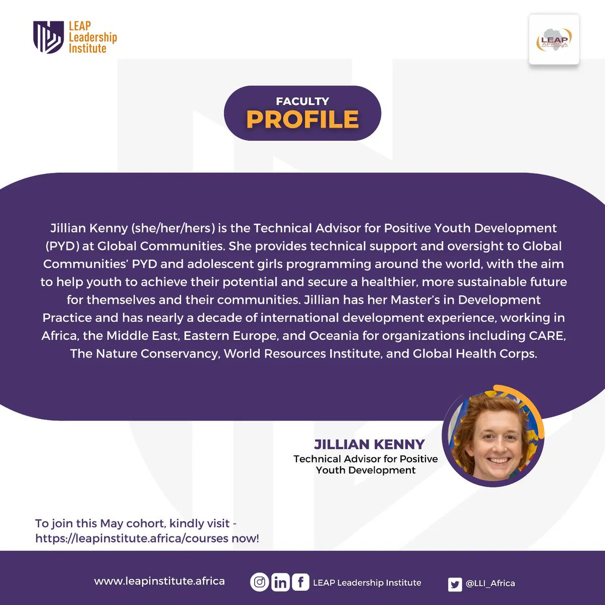 Are you interested in Positive Youth outcomes?

Here's an opportunity to explore the strategies that lead to positive Youth Development with Jillian Kenny 

Kindly visit leapinstitute.africa/course to get started.

#positive #development #LEAPAfrica #LEAPInstitute