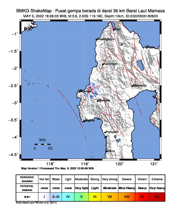 infoBMKG's tweet photo. #Gempa Mag:3.6, 05-Mei-22 18:26:03 WIB, Lok:2.63 LS, 119.16 BT (Pusat gempa berada di darat 36 km Barat Laut Mamasa), Kedlmn:10 Km Dirasakan (MMI) II Kalukku #BMKG https://t.co/wmAGuLgLHi