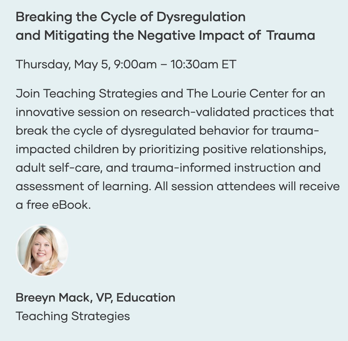 TeachStrategies's tweet photo. Join us and The Lourie Center this morning for our session, "Breaking the Cycle of Dysregulation and Mitigating the Negative Impact ofβ―Trauma." #NHSA22 https://t.co/VVi3w0just https://t.co/NrgtwiuRGI