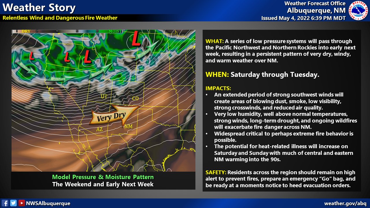 A persistent pattern of very dry, windy, and warm weather is expected for several days next week. Residents should remain on high alert and be ready to heed evacuation orders at a moment's notice.