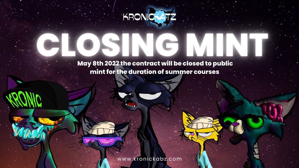 My folks <a href="/HelloNFTs/">🧀Mista 2️⃣5️⃣0️⃣ x $Crypto Creep Gunna🐋</a> said this your last chance to mint a <a href="/KronicKatz/">Kronic.Katz</a> Mint is closing! I do know that you can mint at kronickatz.io for .03 #ETH &amp; receive all the #KronicKatz members benefits + classes offered in the #Metaversity. #Web3 #TeamHello