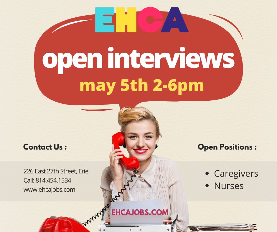 ehcainc's tweet image. EHCA is hosting a hiring Cinco de Mayo today for NURSES &amp;amp; CAREGIVERS from 2-6pm @ our office on 226 East 27th St. in Erie.Can&apos;t make it? Apply online at ehcajobs.com OR call Melissa at 814.454.1534 to learn more.#ehcadifference #lovewhatyoudodowhatyoulove #hiring